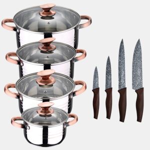 8 peças Bateria de cozinha adequada para indução San Ignacio Altea em aço inoxidável com conjunto de 4 cozinha de aço inoxidável Daimiel