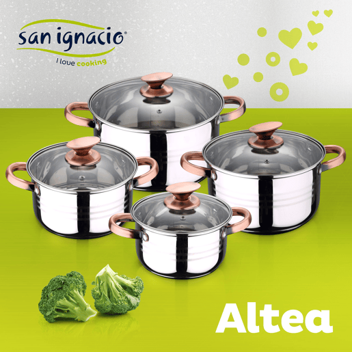 8 peças Bateria de cozinha adequada para indução San Ignacio Altea em aço inoxidável com conjunto de 4 cozinha de aço inoxidável Daimiel
