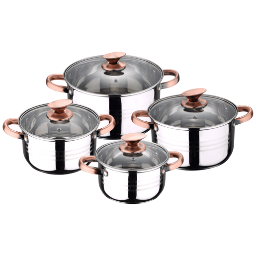 8 peças Bateria de cozinha adequada para indução San Ignacio Altea em aço inoxidável com conjunto de 4 cozinha de aço inoxidável Daimiel
