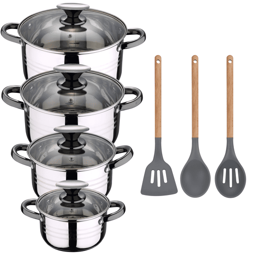 8 peças Bateria de cozinha adequada para indução San Ignacio hita em aço inoxidável com conjunto de 3 utensílios de cozinha em silicone Daimiel