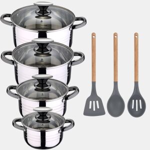 8 peças Bateria de cozinha adequada para indução San Ignacio hita em aço inoxidável com conjunto de 3 utensílios de cozinha em silicone Daimiel