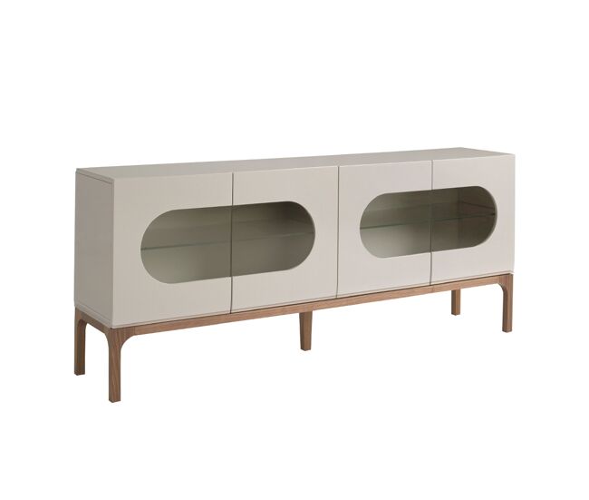 Aparador de diseño moderno con estructura de madera de mdf color gris y patas de madera en color nogal.