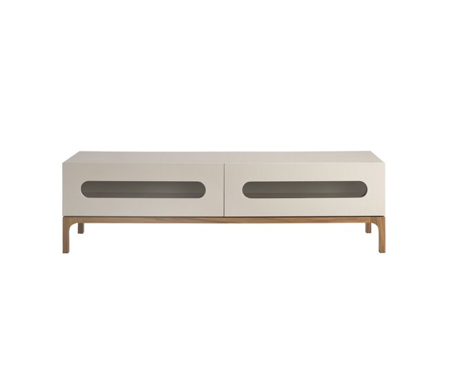 Mueble TV de diseño moderno con estructura de madera de MDF color gris y patas de madera en color nogal.