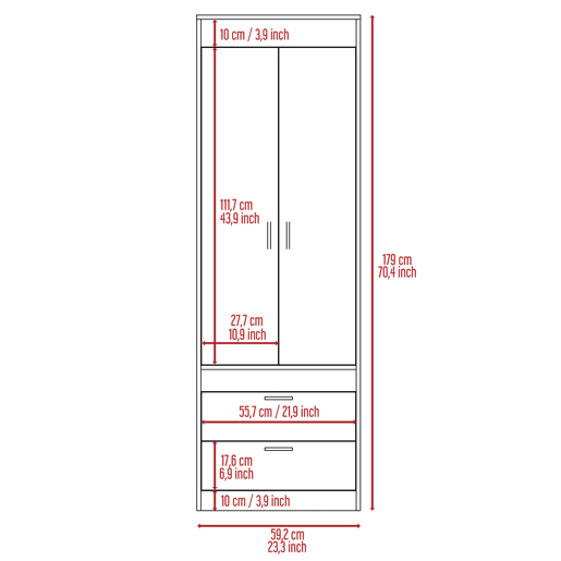 Roupeiro Lisboa, com 2 gavetas e varão para pendurar, 178.8 CM A X 59.18 CM L X 48.00 CM P, Branco