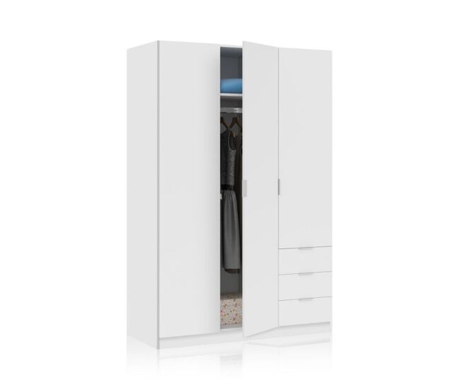 Armario de 3 puertas y 3 cajones en blanco 121x180 cm low cost blanco 121(armario)/35(cajón) x 180(armario)/13(cajón) x 52(armario)/45(cajón) cm