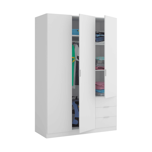 Roupeiro de baixo custo 3 portas 3 gavetas Branco 121(armario)35(cajón) x 180(armario)13(cajón) x 52 (armario) 45 (cajón) cm Roupeiro de baixo custo 3 portas 3 gavetas Branco 121(armario)35(cajón) x 180(armario)13(cajón) x 52 (armario) 45 (cajón) cm