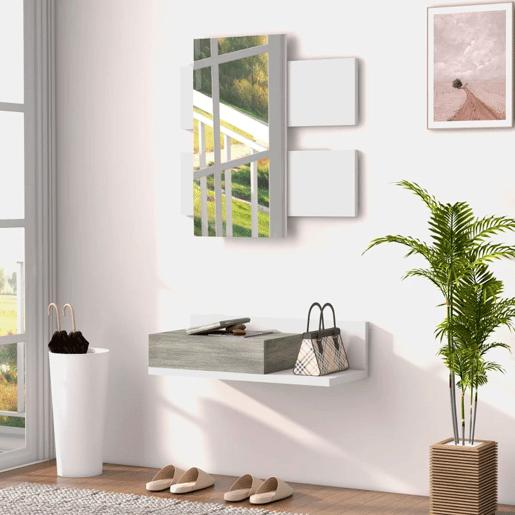HOMCOM Conjunto de Móveis de Entrada com Espelho e Gaveta Móvel de Entrada Suspenso para Corredor Estilo Moderno 75x3,5x75 cm e 75x30,5x20 cm Branco e Cinza