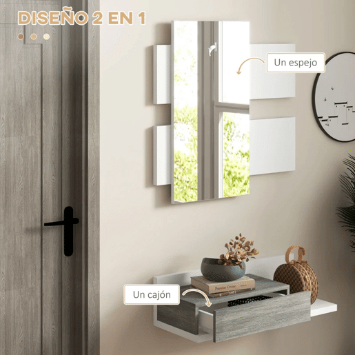 HOMCOM Conjunto de Móveis de Entrada com Espelho e Gaveta Móvel de Entrada Suspenso para Corredor Estilo Moderno 75x3,5x75 cm e 75x30,5x20 cm Branco e Cinza