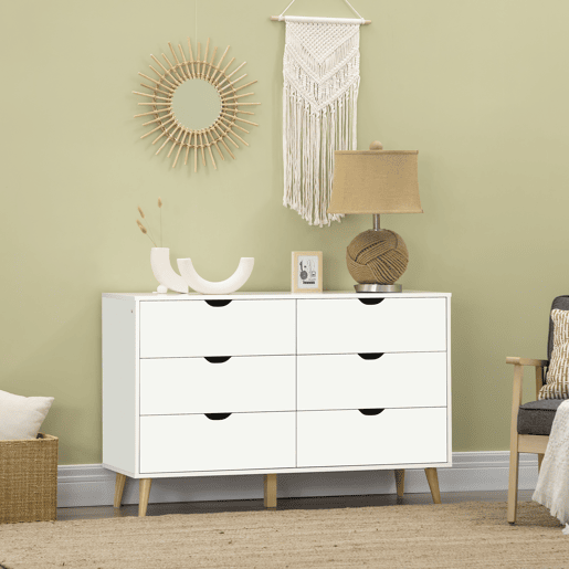 HOMCOM Cómoda com 6 Gavetas e Pés Elevados Cómoda para Dormitório Sala de Estar Estilo Moderno Anti-Tombo 120x40x76 cm Branco