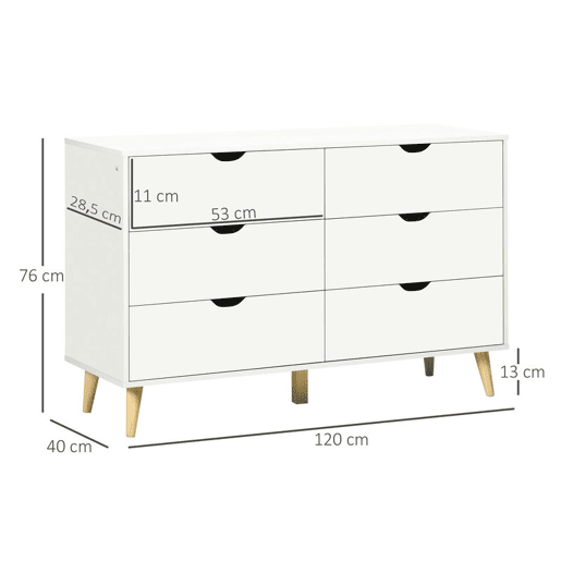 HOMCOM Cómoda com 6 Gavetas e Pés Elevados Cómoda para Dormitório Sala de Estar Estilo Moderno Anti-Tombo 120x40x76 cm Branco