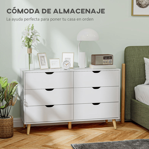 HOMCOM Cómoda com 6 Gavetas e Pés Elevados Cómoda para Dormitório Sala de Estar Estilo Moderno Anti-Tombo 120x40x76 cm Branco