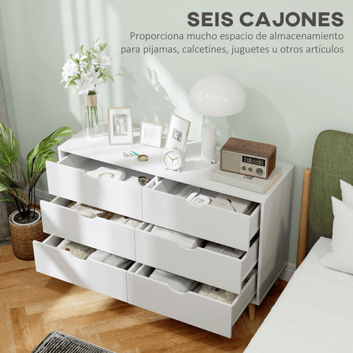 HOMCOM Cómoda com 6 Gavetas e Pés Elevados Cómoda para Dormitório Sala de Estar Estilo Moderno Anti-Tombo 120x40x76 cm Branco