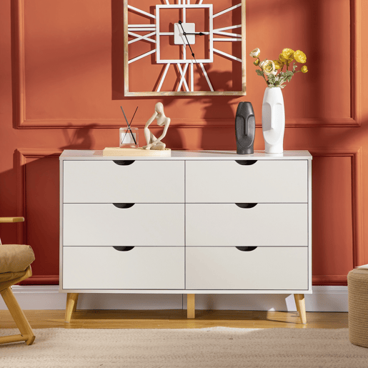 HOMCOM Cómoda com 6 Gavetas e Pés Elevados Cómoda para Dormitório Sala de Estar Estilo Moderno Anti-Tombo 120x40x76 cm Branco