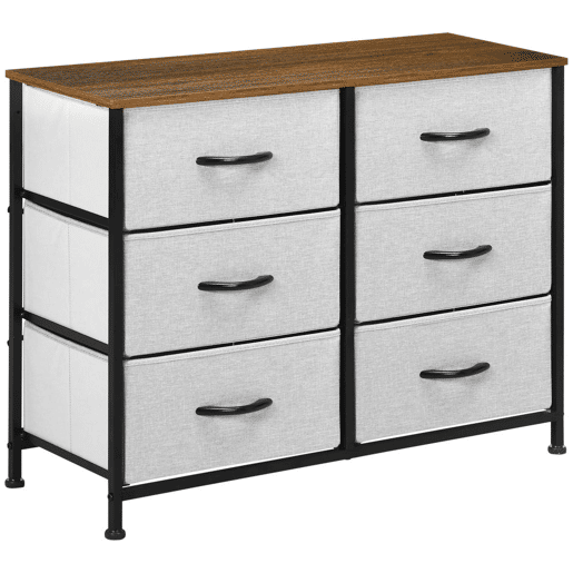 HOMCOM Cómoda Estilo Industrial Cómoda com 6 Gavetas de Tecido Dobrável para Dormitório Estrutura de Aço e Pés com Almofadas Ajustáveis 80x30x62,5 cm Cinza e Marrom