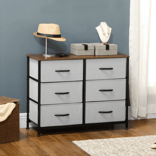 HOMCOM Cómoda Estilo Industrial Cómoda com 6 Gavetas de Tecido Dobrável para Dormitório Estrutura de Aço e Pés com Almofadas Ajustáveis 80x30x62,5 cm Cinza e Marrom