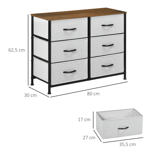 HOMCOM Cómoda Estilo Industrial Cómoda com 6 Gavetas de Tecido Dobrável para Dormitório Estrutura de Aço e Pés com Almofadas Ajustáveis 80x30x62,5 cm Cinza e Marrom
