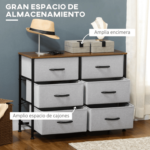 HOMCOM Cómoda Estilo Industrial Cómoda com 6 Gavetas de Tecido Dobrável para Dormitório Estrutura de Aço e Pés com Almofadas Ajustáveis 80x30x62,5 cm Cinza e Marrom