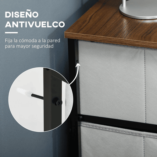 HOMCOM Cómoda Estilo Industrial Cómoda com 6 Gavetas de Tecido Dobrável para Dormitório Estrutura de Aço e Pés com Almofadas Ajustáveis 80x30x62,5 cm Cinza e Marrom