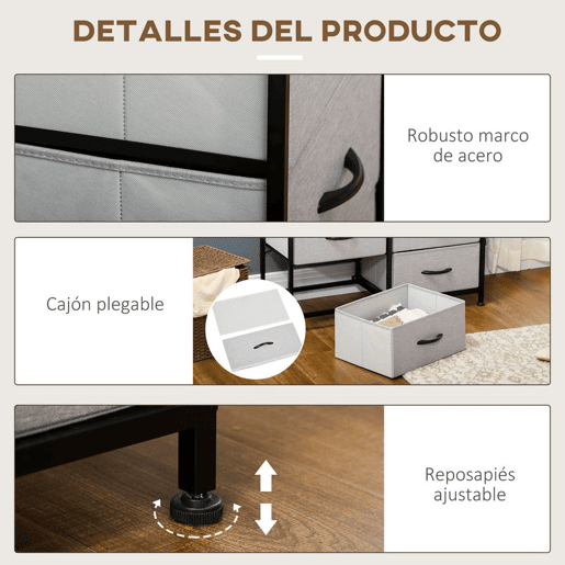 HOMCOM Cómoda Estilo Industrial Cómoda com 6 Gavetas de Tecido Dobrável para Dormitório Estrutura de Aço e Pés com Almofadas Ajustáveis 80x30x62,5 cm Cinza e Marrom