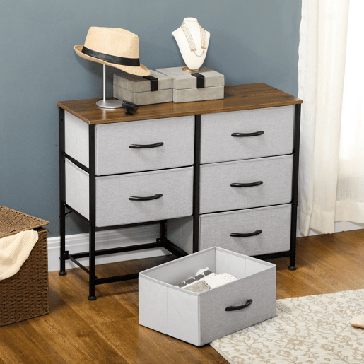 HOMCOM Cómoda Estilo Industrial Cómoda com 6 Gavetas de Tecido Dobrável para Dormitório Estrutura de Aço e Pés com Almofadas Ajustáveis 80x30x62,5 cm Cinza e Marrom