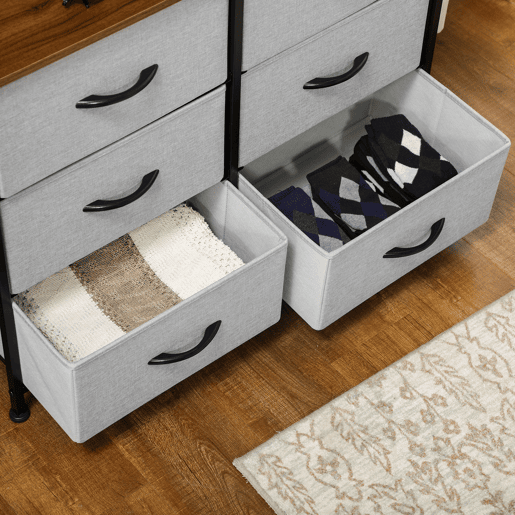 HOMCOM Cómoda Estilo Industrial Cómoda com 6 Gavetas de Tecido Dobrável para Dormitório Estrutura de Aço e Pés com Almofadas Ajustáveis 80x30x62,5 cm Cinza e Marrom