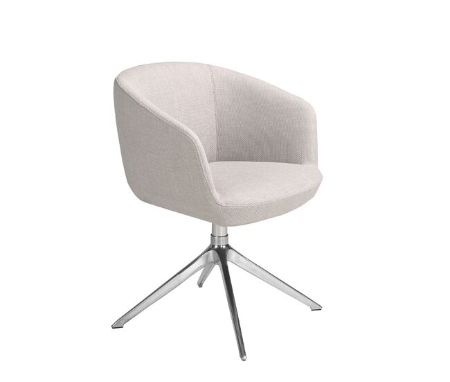 Silla giratoria con reposabrazos de diseño moderno tapizada en tela color gris claro. Con estructura y patas fabricadas en acero inoxidable cromado.