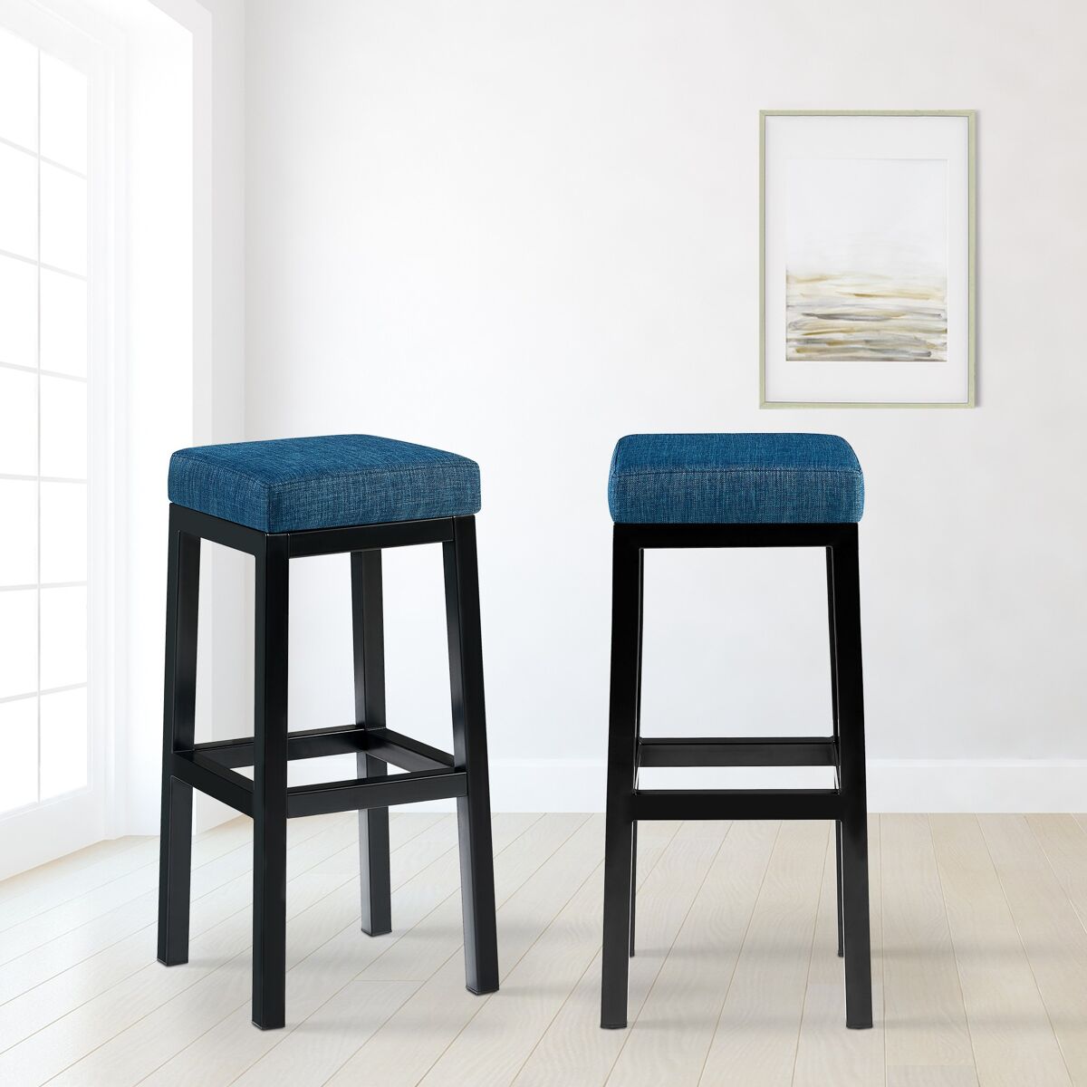 Taburete de bar taylor altura del asiento 83 cm estructura de metal negro tela azul 37x37x83 cm