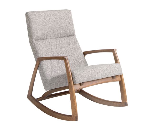 Sillón mecedora con reposabrazos de diseño moderno tapizado en tela color gris.