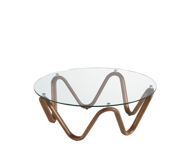 Mesa centro redonda de diseño moderno con tapa de cristal templado y unas originales patas de madera en color nogal.