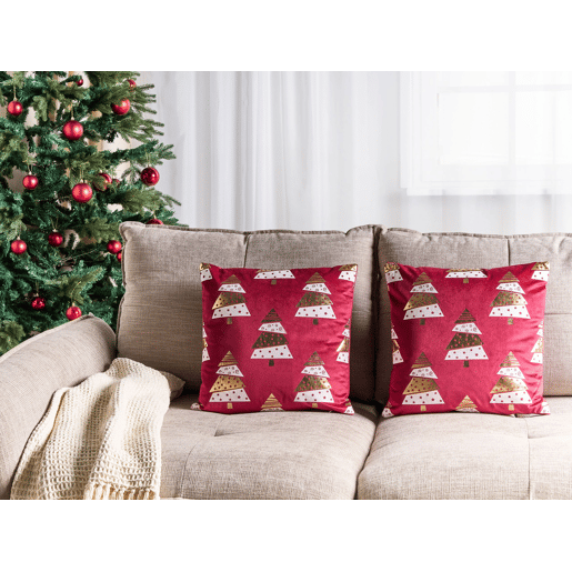 Conjunto de 2 almofadas decorativas GOLDSPRUCE Veludo 45 x 45 cm Vermelho Padrão natalicio