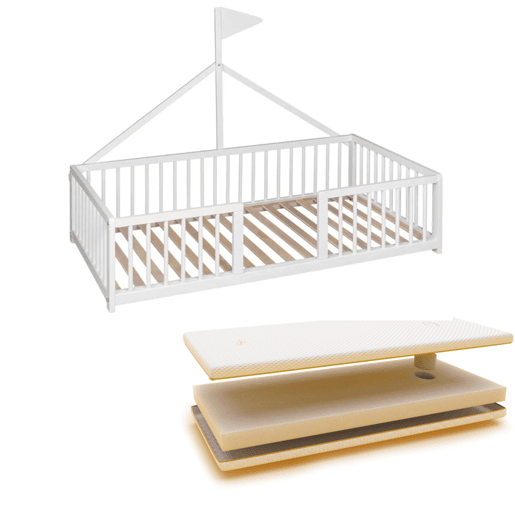 Cama tepee Apache Wonderland Montessori 140x70 em madeira de faia e cor branca + colchão higiénico Ternum
