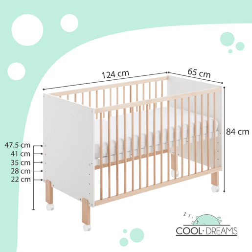 Berço Umami 120x60 + kit de dormir em conjunto + calhas para transformar o berço numa cama + 4 rodas