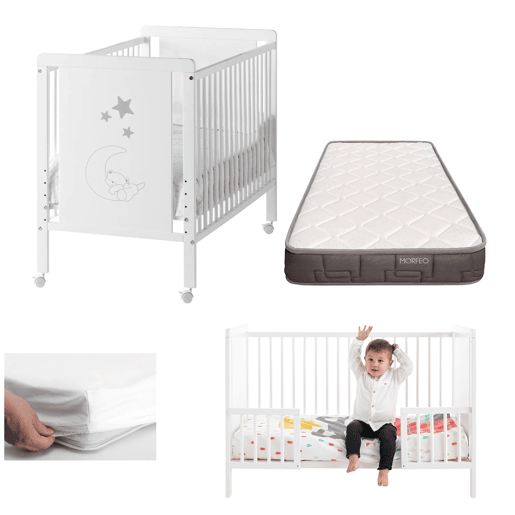 Berço Indi com colchão convertível em cama, branco, madeira de faia + calhas de proteção + colchão Morfeo + protetor de colchão