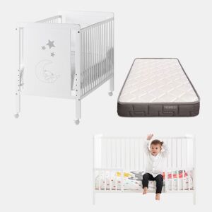Berço Indi com colchão convertível em cama, branco, madeira de faia + calhas de proteção + colchão Morfeo + protetor de colchão