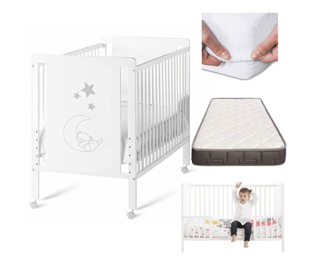Cuna bebe indi con colchón convertible en cama, blanca, madera de haya + barandillas protección + colchón morfeo + protector de colchón