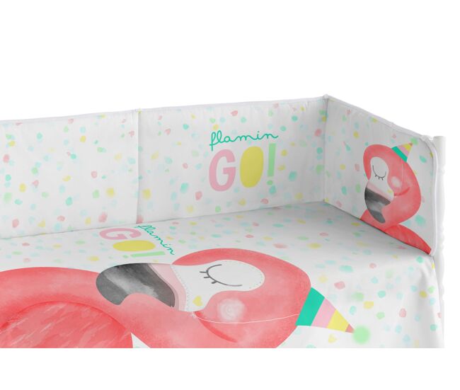 Chichonera bebé 60x120 cm extra resistente hecha de piqué, para proteger a tu bebé de los barrotes de la cuna. colección flamingo dreams