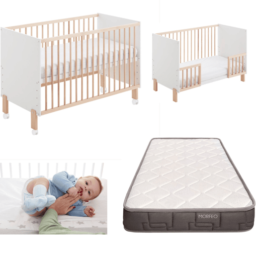 Berço Umami 120x60 + kit de dormir em conjunto + colchão HR + calhas para transformar o berço numa cama + 4 rodas