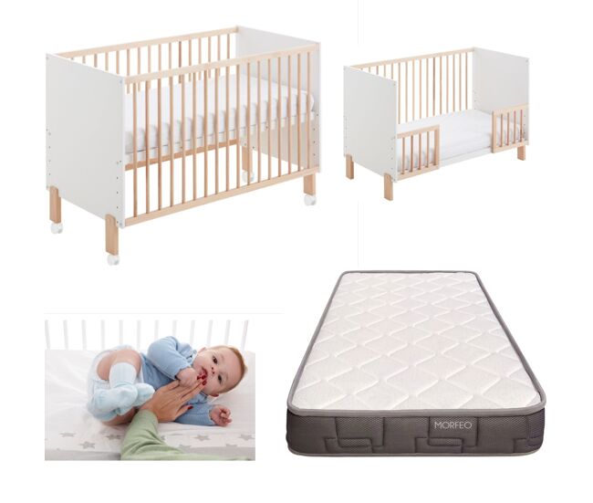 Cuna colecho umami 120x60 + kit colecho + colchón hr + barandillas para convertir la cuna en cama + 4 ruedas