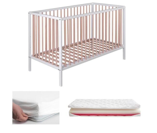 Cuna bebé laponia con somier de láminas de haya + colchón helios + protector colchón + 4 ruedas