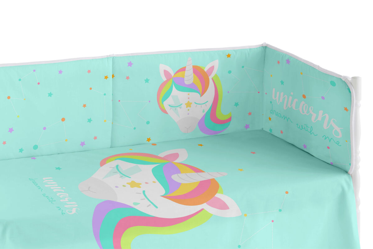 Chichonera bebé 60x120 cm extra resistente hecha de piqué, para proteger a tu bebé de los barrotes de la cuna. colección unicorn dreams