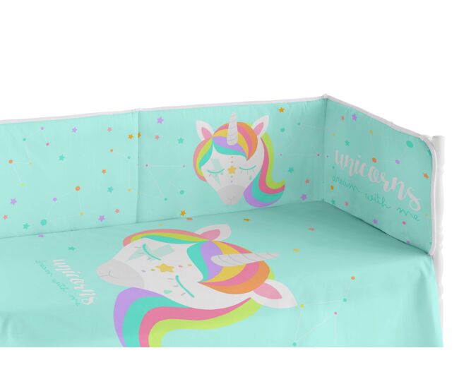 Chichonera bebé 60x120 cm extra resistente hecha de piqué, para proteger a tu bebé de los barrotes de la cuna. colección unicorn dreams