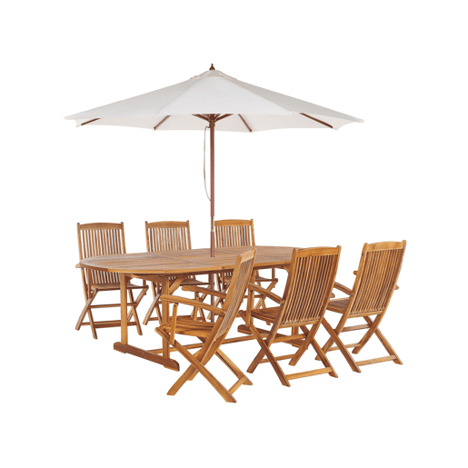 Conjunto de refeições de jardim 6 lugares MAUI com guarda-sol (12 opções) Madeira de acácia Castanho claro Conjunto de refeições de jardim 6 lugares MAUI com guarda-sol (12 opções) Madeira de acácia Castanho claro