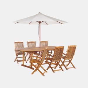 Conjunto de refeições de jardim 6 lugares MAUI com guarda-sol (12 opções) Madeira de acácia Castanho claro