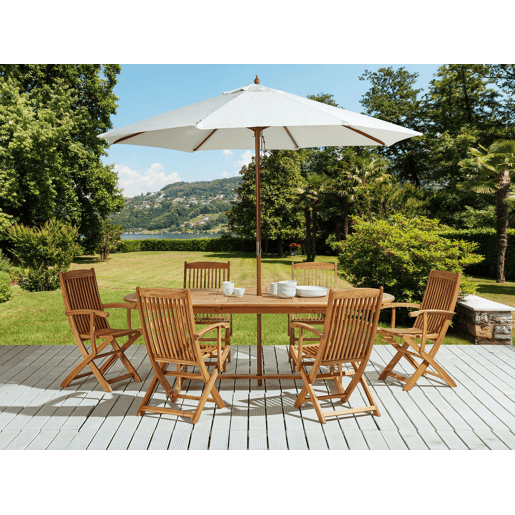 Conjunto de refeições de jardim 6 lugares MAUI com guarda-sol (12 opções) Madeira de acácia Castanho claro Conjunto de refeições de jardim 6 lugares MAUI com guarda-sol (12 opções) Madeira de acácia Castanho claro