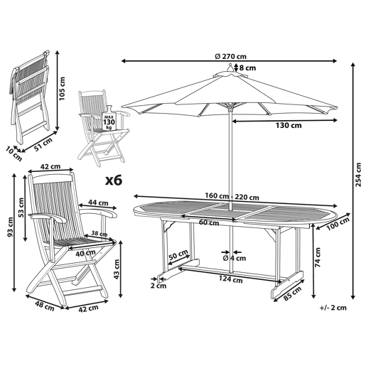 Conjunto de refeições de jardim 6 lugares MAUI com guarda-sol (12 opções) Madeira de acácia Castanho claro Conjunto de refeições de jardim 6 lugares MAUI com guarda-sol (12 opções) Madeira de acácia Castanho claro