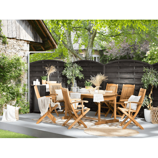 Conjunto de refeições de jardim 6 lugares MAUI com guarda-sol (12 opções) Madeira de acácia Castanho claro Conjunto de refeições de jardim 6 lugares MAUI com guarda-sol (12 opções) Madeira de acácia Castanho claro