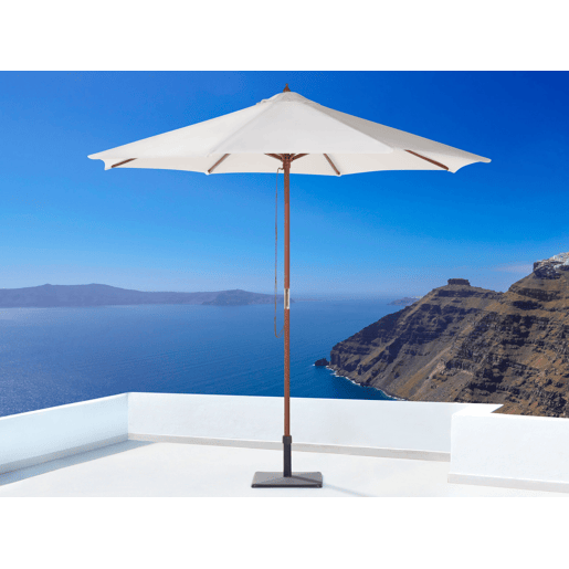 Conjunto de refeições de jardim 6 lugares MAUI com guarda-sol (12 opções) Madeira de acácia Castanho claro Conjunto de refeições de jardim 6 lugares MAUI com guarda-sol (12 opções) Madeira de acácia Castanho claro