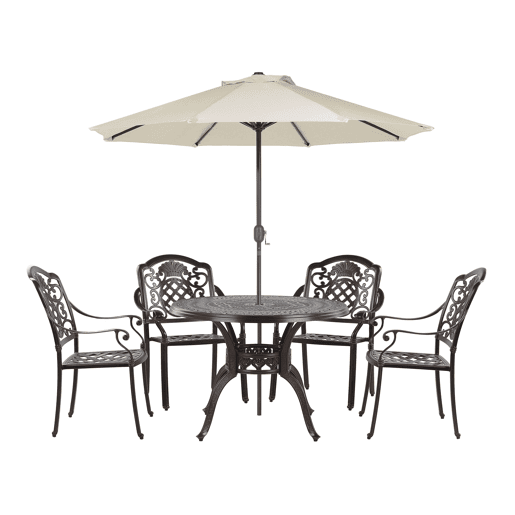 Conjunto de refeições de jardim 4 lugares SALENTO com guarda-sol (16 opções) Metal Castanho escuro Conjunto de refeições de jardim 4 lugares SALENTO com guarda-sol (16 opções) Metal Castanho escuro
