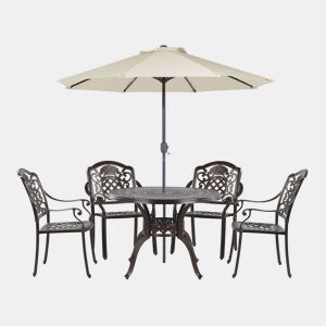 Conjunto de refeições de jardim 4 lugares SALENTO com guarda-sol (16 opções) Metal Castanho escuro