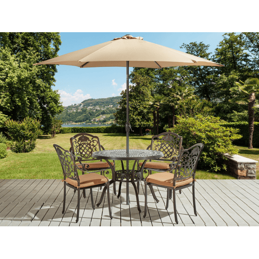 Conjunto de refeições de jardim 4 lugares SALENTO com guarda-sol (16 opções) Metal Castanho escuro Conjunto de refeições de jardim 4 lugares SALENTO com guarda-sol (16 opções) Metal Castanho escuro
